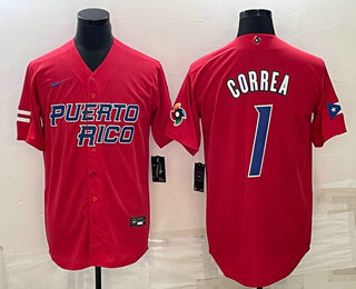 Men%27s Puerto Rico Baseball #1 Carlos Correa 2023 Red World Baseball Classic Stitched Jerseys